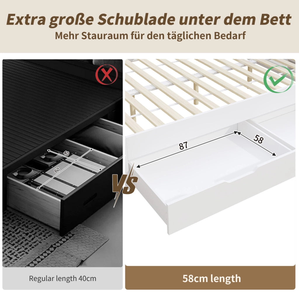 Letto multifunzione 140x200 cm con contenitore; cassetto e comodino estraibile; bianco in MDF