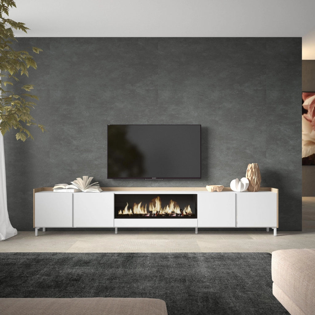 Mobile TV Soggiorno, 315x61x35 cm, Per TV fino a 80", Camino elettrico XXL, Design industriale, Bianco e Rovere soft