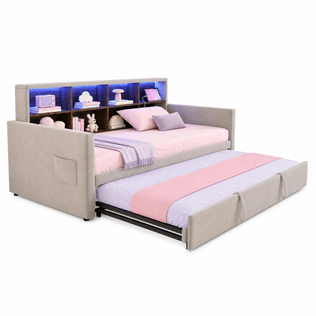 Letto imbottito estraibile 90x190 cm con LED e prese, grigio chiaro