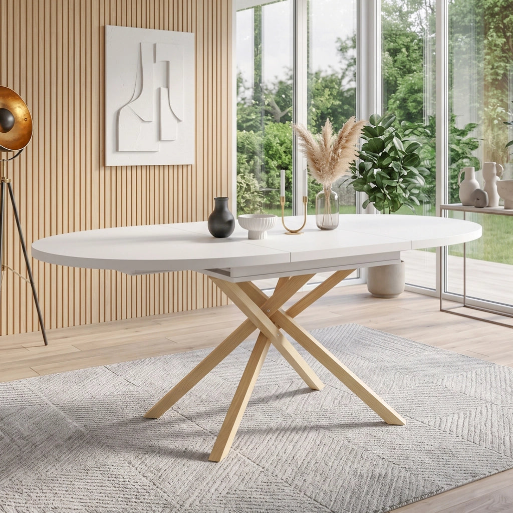 Tavolo allungabile con base a croce, struttura stabile in MDF e metallo, per sala da pranzo cucina soggiorno, bianco