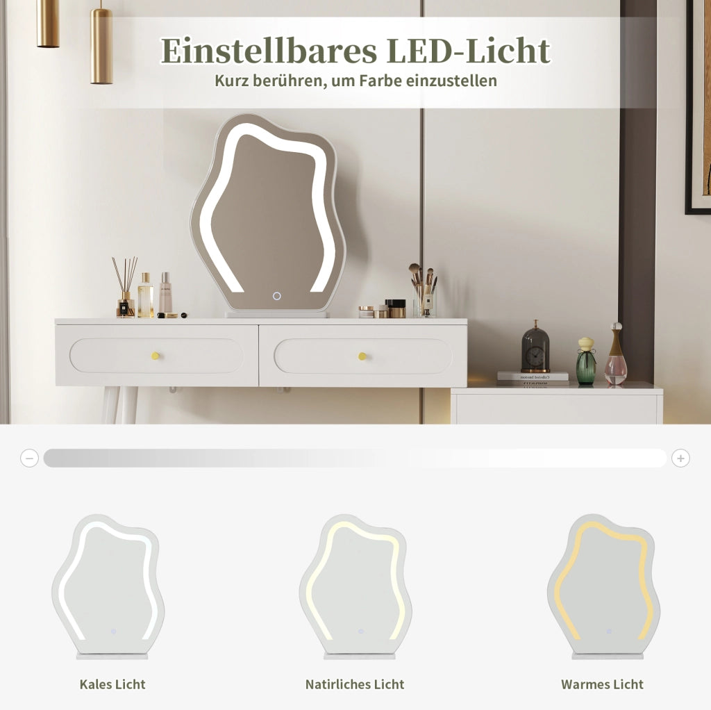 Toeletta con specchio LED; 4 cassetti e mobile laterale reversibile; 140x40x130 cm; bianco