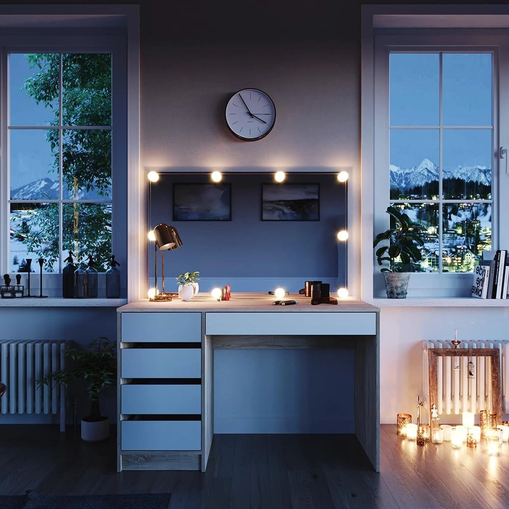 Tavolo da toilette Sherry, Bianco/Oro, 120 cm con illuminazione a LED, con illuminazione LED e grande specchio rettangolare