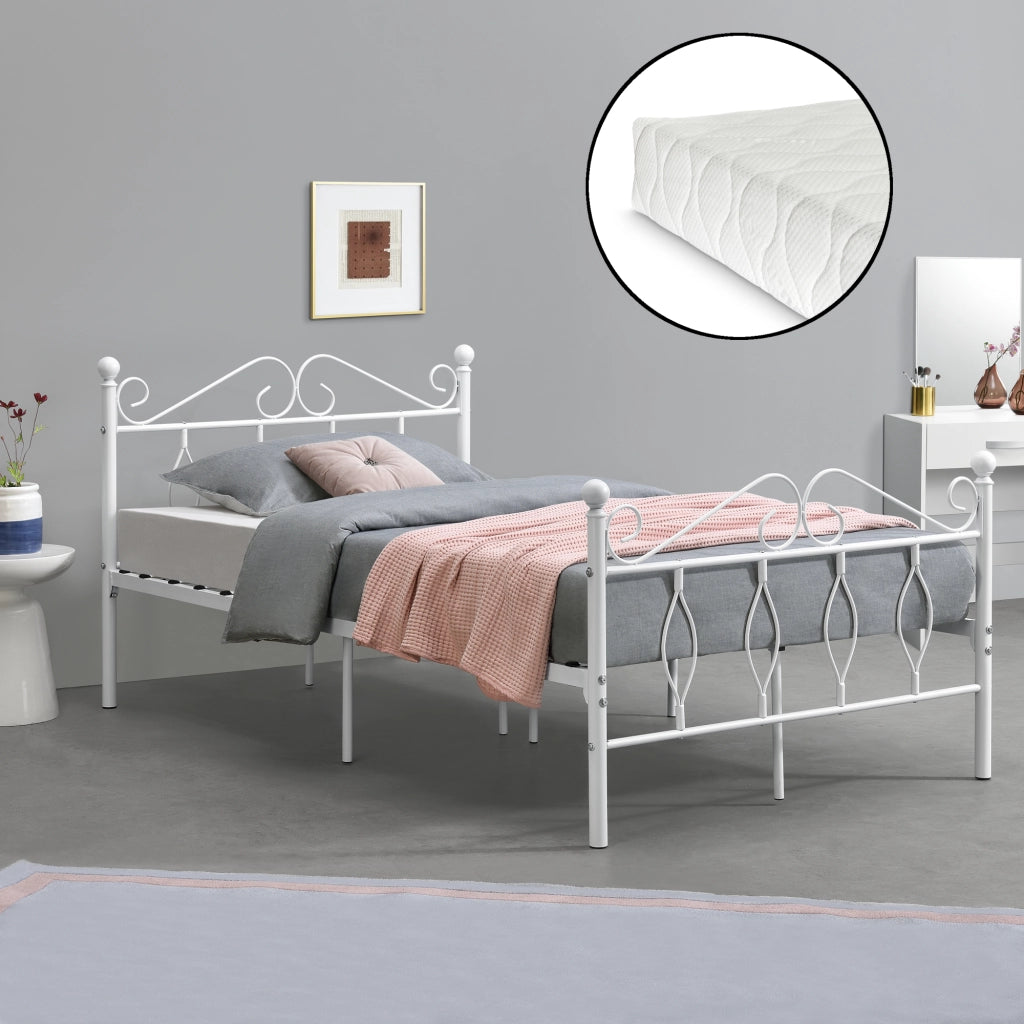 Struttura Letto in Metallo con Testiera e Pediera in Stile Romantico/Classico con Materasso 120 x 200 cm Letto 1 Piazza e Mezza - Bianco