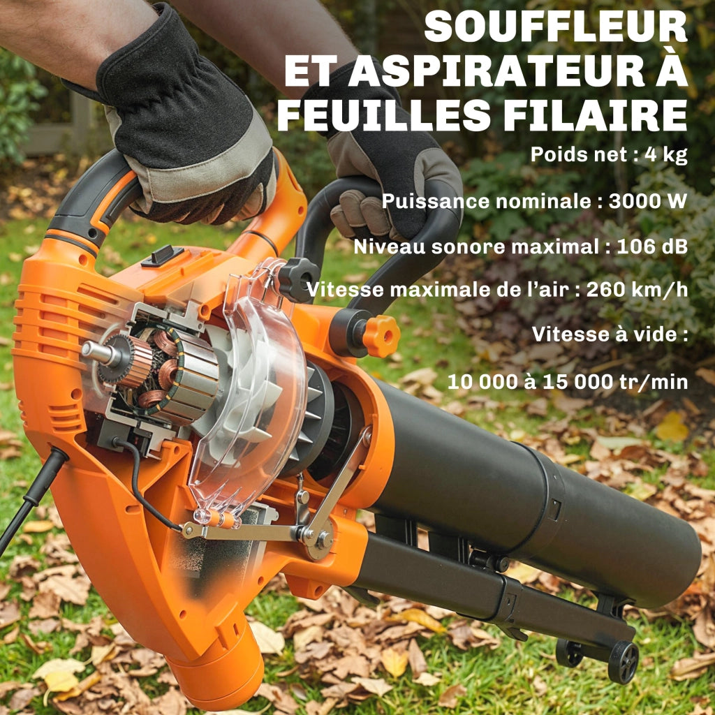 Aspiratore Soffiatore Foglie Elettrico 3000W ¨C Xylo ¨C 3in1 Trituratore Sacco 40L Verde
