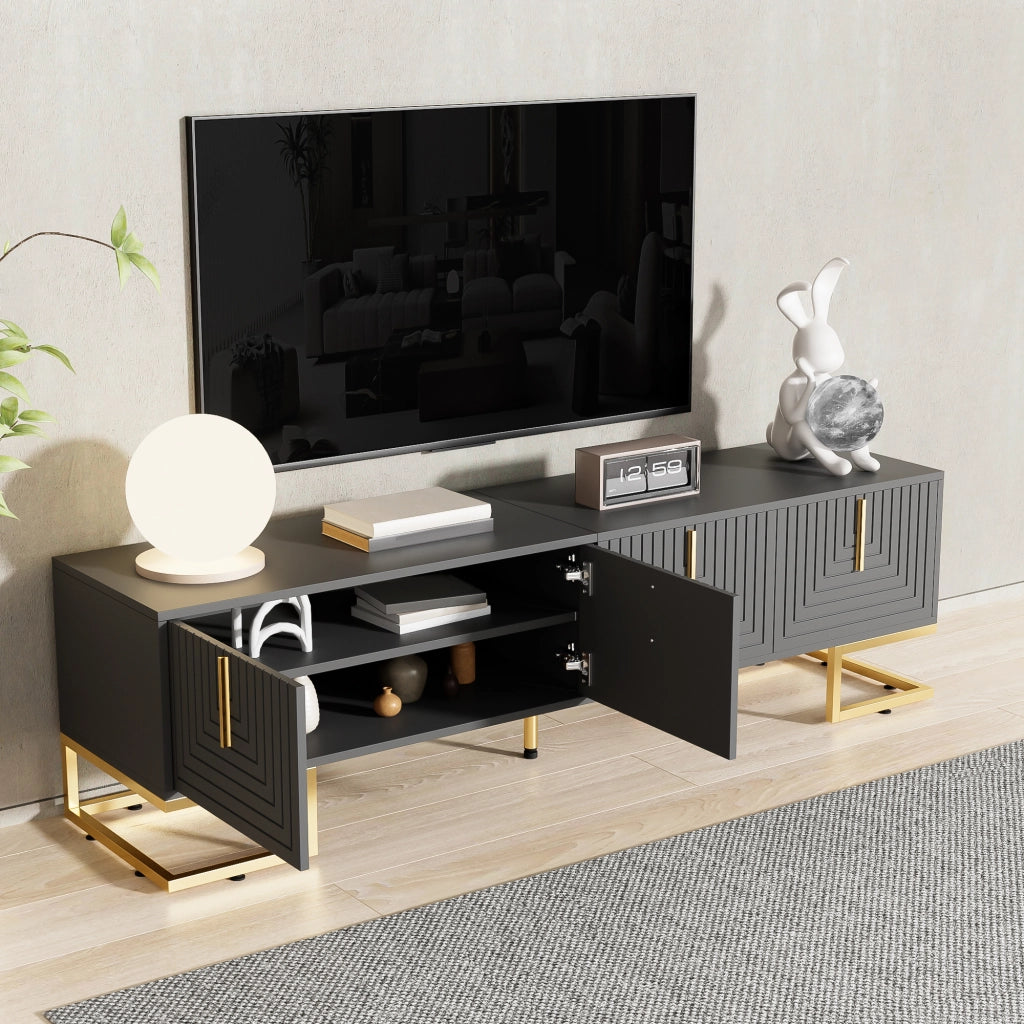 Mobile porta TV con 4 ante e ripiani interni, finitura grigio scuro, gambe e maniglie oro 170 × 40 × 45,5 cm