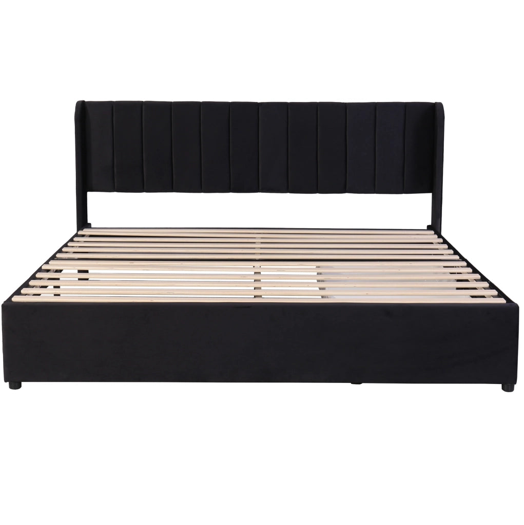 Letto imbottito 180 x 200 cm in velluto nero con doghe e 2 cassetti