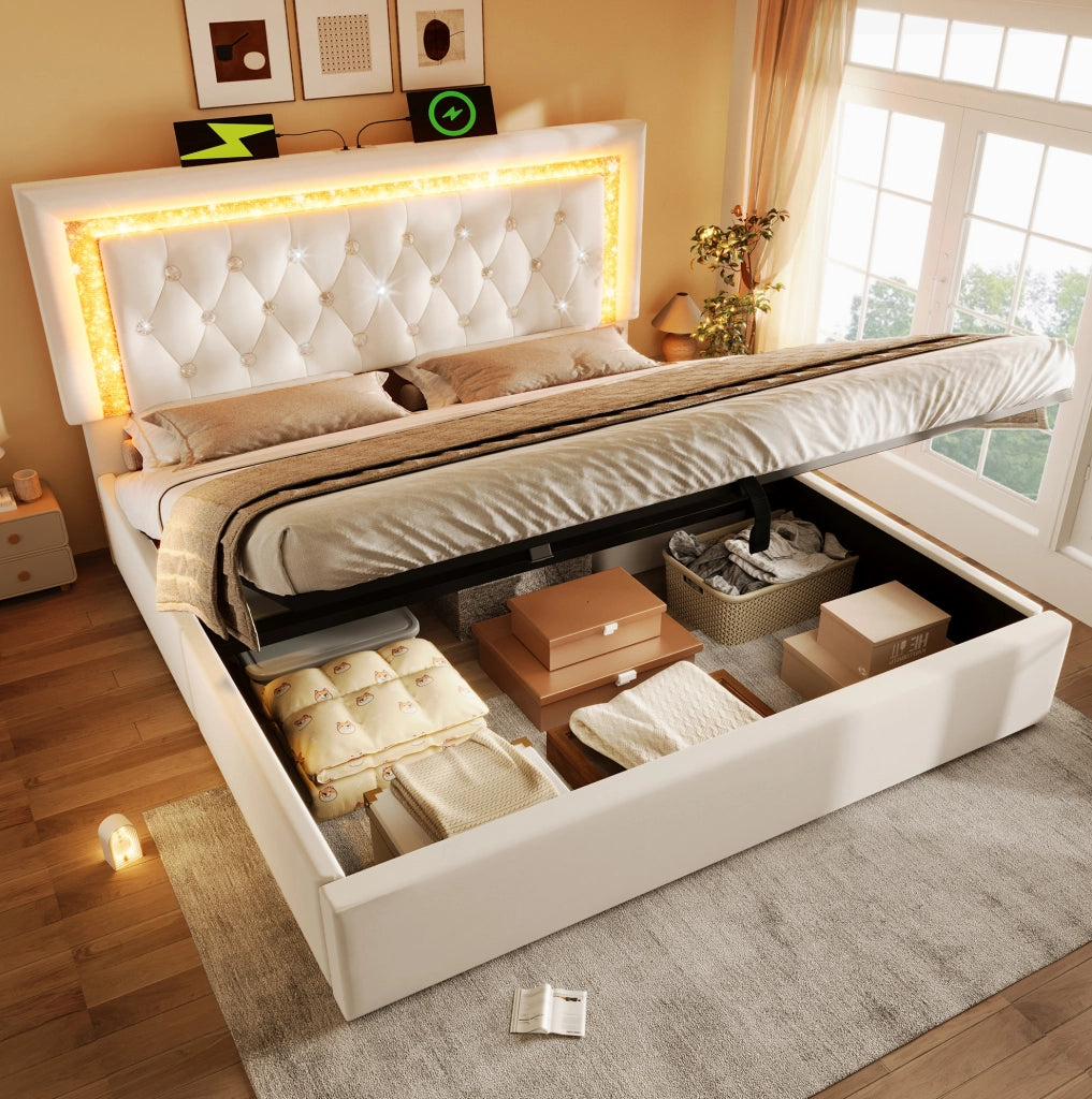 Letto matrimoniale 180x200 cm in velluto beige con LED; testiera regolabile e contenitore