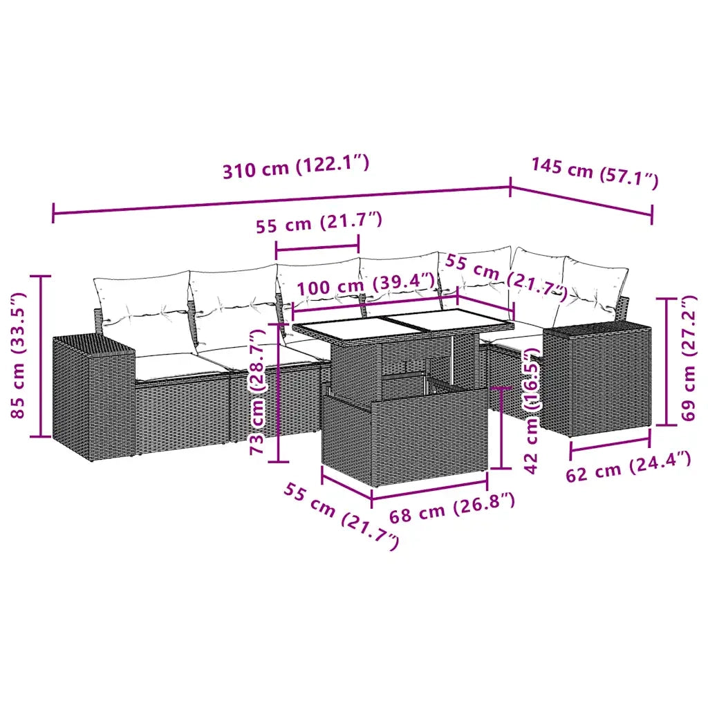 Set Divani da Giardino con Cuscini 7pz Nero Polyrattan