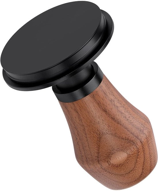 Tamper per caffè a 58 mm con base in titanio PVD, sistema di equilibratura automatico, manico in noce americano, feedback di clic, modello V4.1