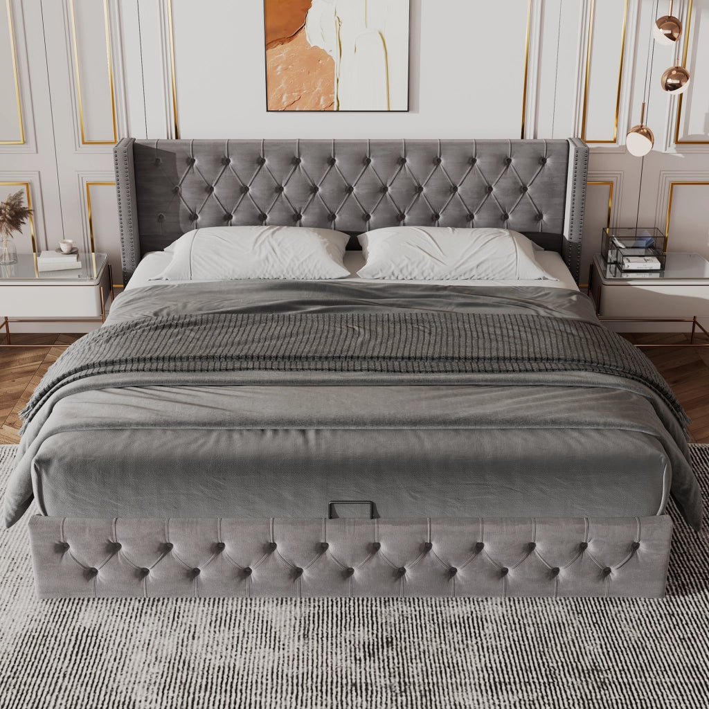 OKWISH Letto Contenitore 140×190 cm, Letto Matrimoniale con Testiera Capitonné, Sollevamento Idraulico e Ampio Vano, senza Materasso, Velluto, Grigio