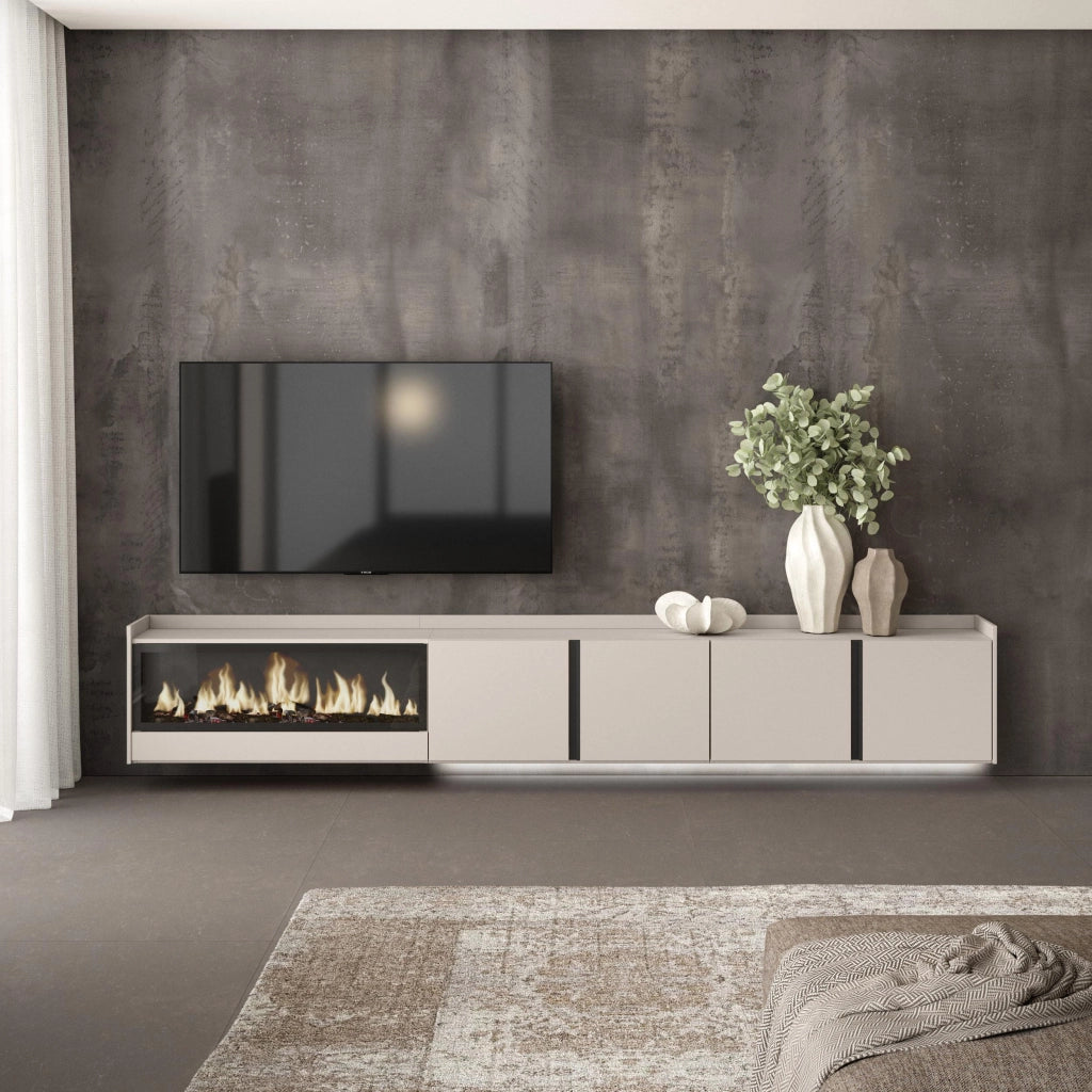 Mobile TV Soggiorno, 315x50x35 cm, Per TV fino a 80", Camino elettrico XXL, Sospeso, da appendere, LED, Beige