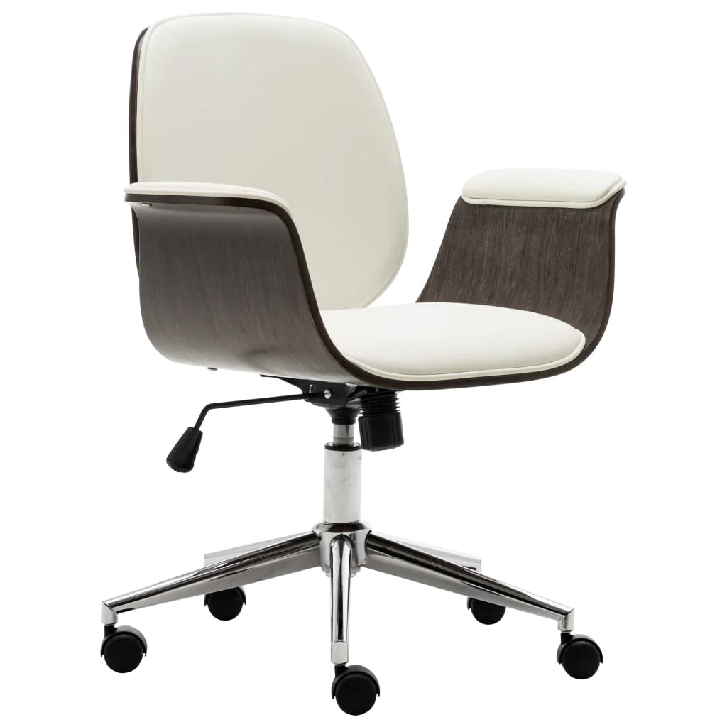 Sedia poltrona computer seduta da ufficio studio legno curvato e similpelle bianca 02_0023985