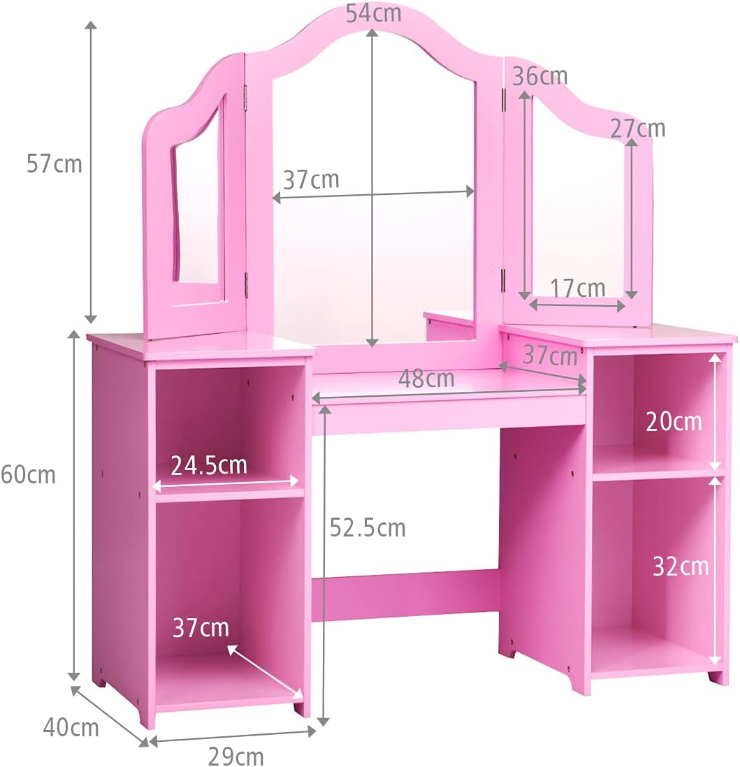 Toeletta per Bambini in Legno - Design Smontabile 2 in 1, Mobile da Trucco Stile Principessa con 4 Mensole e Specchio, Rosa