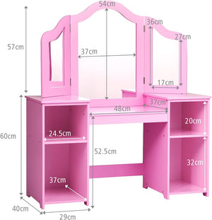 Toeletta per Bambini in Legno - Design Smontabile 2 in 1, Mobile da Trucco Stile Principessa con 4 Mensole e Specchio, Rosa