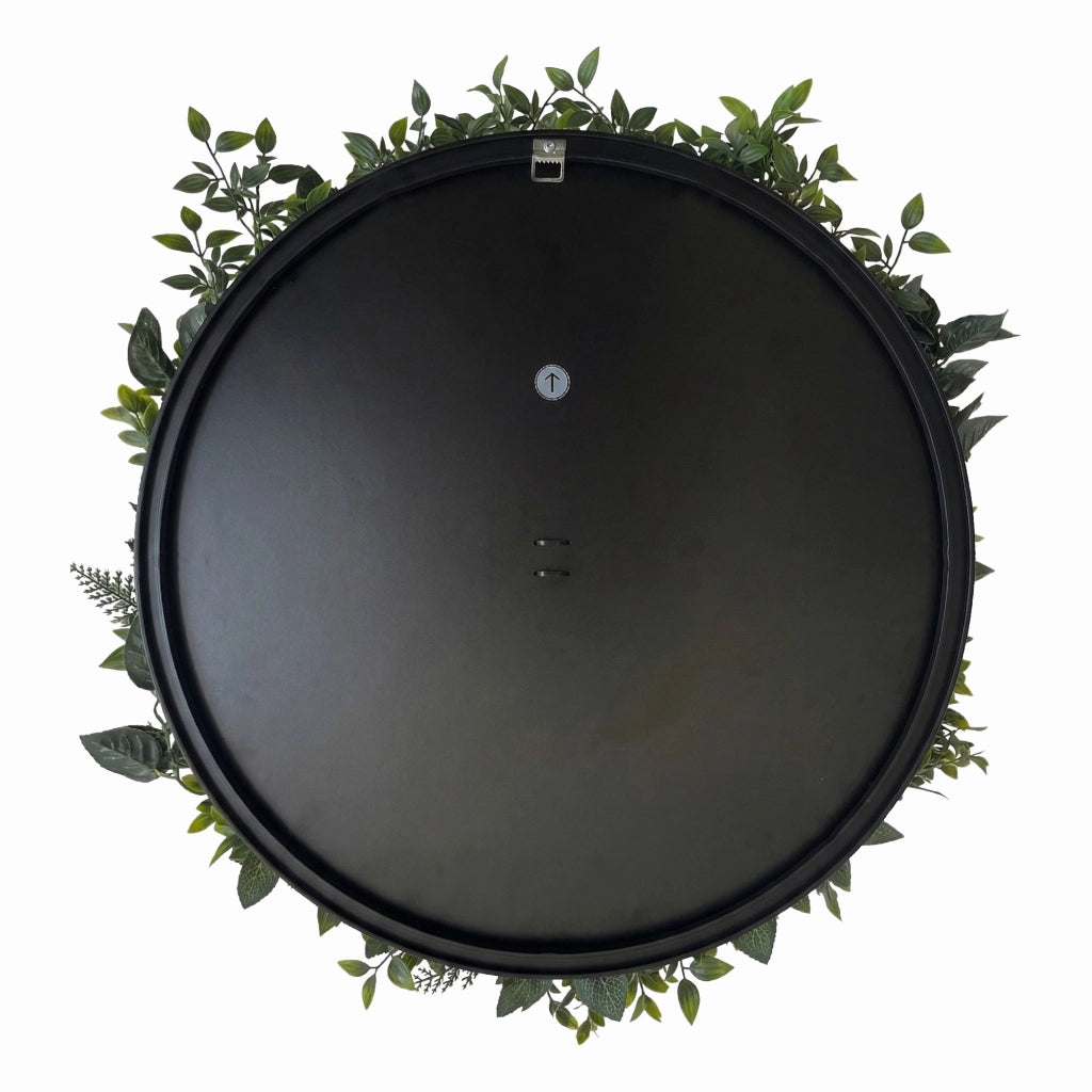 Iris - Quadro vegetale rotondo Ø50 cm con foglie e fiori in PE cornice in alluminio nera