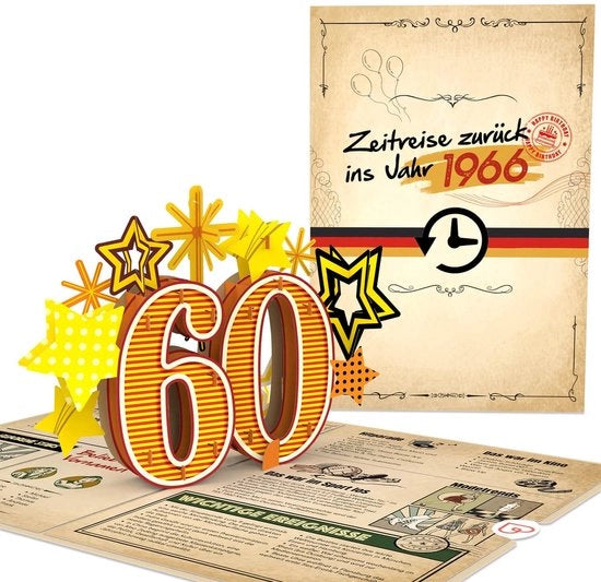 Carta di compleanno 3D sorpresa per uomo/donna - Carta di compleanno 60 anni - Carta di compleanno con involucro - Carta di compleanno per uomo/donna - Cadeau per 60 anni - Effetto sorpresa 12 x 17,5 cm
