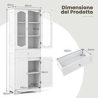 Armadietto Salvaspazio 60 x 30 x 160cm, Mobile Bagno con 2 Ripiani Regolabili, Cassetto e 2 Porte in Vetro Temprato, Armadio da Bagno per Ufficio, Soggiorno e Camera da Letto, Bianco