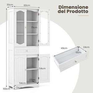 Armadietto Salvaspazio 60 x 30 x 160cm, Mobile Bagno con 2 Ripiani Regolabili, Cassetto e 2 Porte in Vetro Temprato, Armadio da Bagno per Ufficio, Soggiorno e Camera da Letto, Bianco