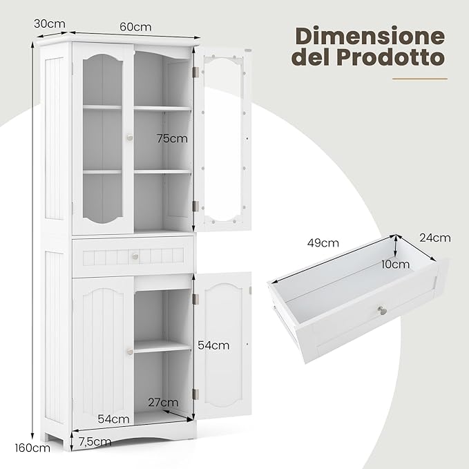 Armadietto Salvaspazio 60 x 30 x 160cm, Mobile Bagno con 2 Ripiani Regolabili, Cassetto e 2 Porte in Vetro Temprato, Armadio da Bagno per Ufficio, Soggiorno e Camera da Letto, Bianco