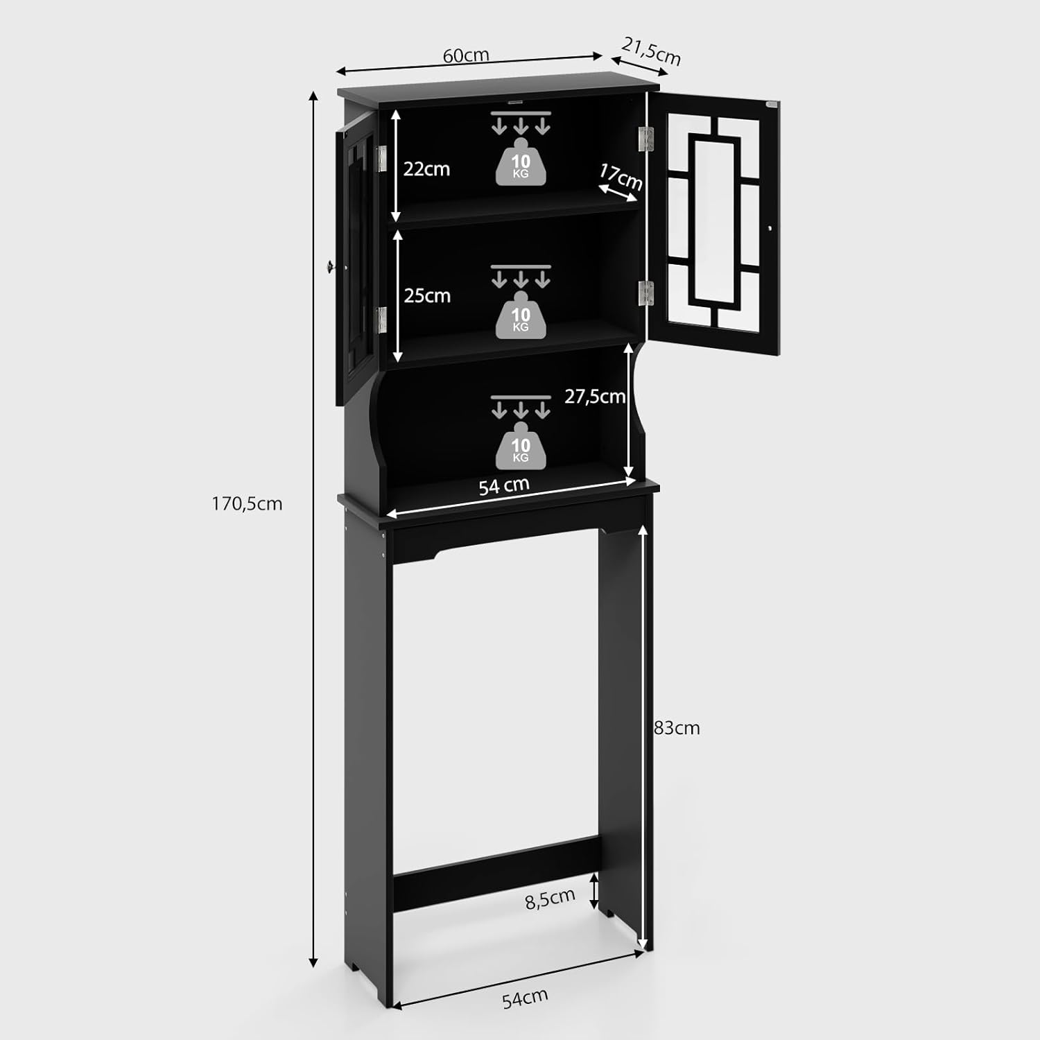 Mobile per Lavatrice, Organizzatore Bagno con 3 Mensole, Scaffale per Bagno con Mensola Interna Regolabile e 2 Ante, Salva Spazio (Nero)