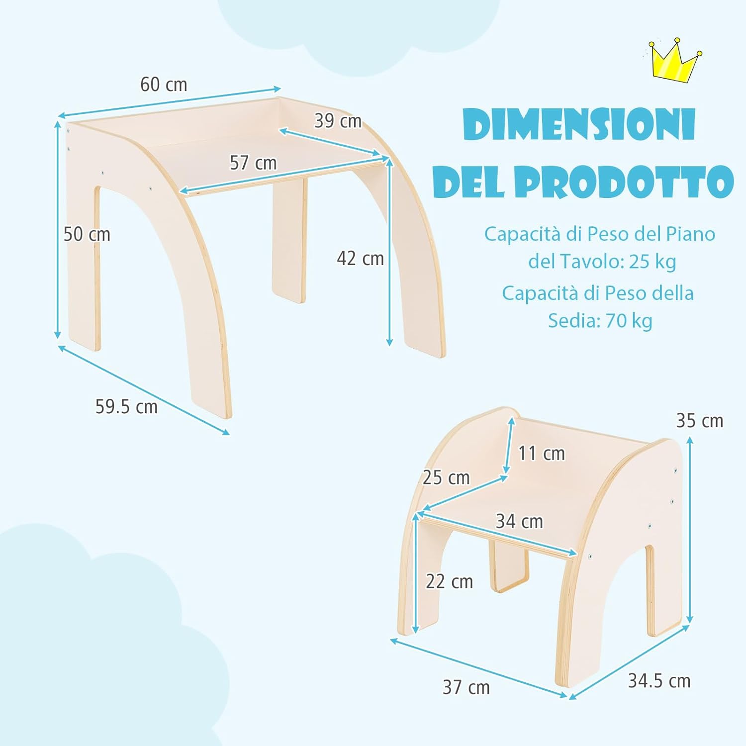 Set Tavolo e Sedie per Bambini 3+ Anni, Tavolino Legno con Sedie per Cameretta con Bordo Curvato e Ampio Piano, Mobile Salvaspazio per Camera da Letto, Soggiorno e Asilo (Bianco)