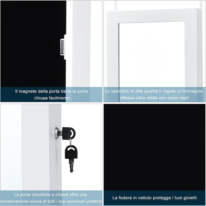 Armadietto Portagioie Specchio per Gioielli con Luci LED, Specchiera da Porta e Muro, per Figura Intera, 120x37x9,6cm