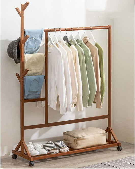 Appendiabiti Appendiabiti Appendiabiti con Ruote, Appendiabiti in Legno con Gancio e Portascarpe a 1 Ripiano, Organizer Multifunzionale per Camera da Letto/Marrone a/100 * 35 * 155Cm