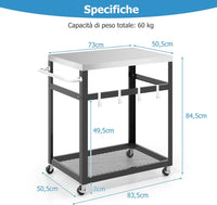 Carrello Grill da Esterno a 2/3 Piani, Supporto per Forno per con Piano e Maniglia in Acciaio Inossidabile, Carrello per Barbecue con Ganci e Ruote, Multiuso(2 Livelli)