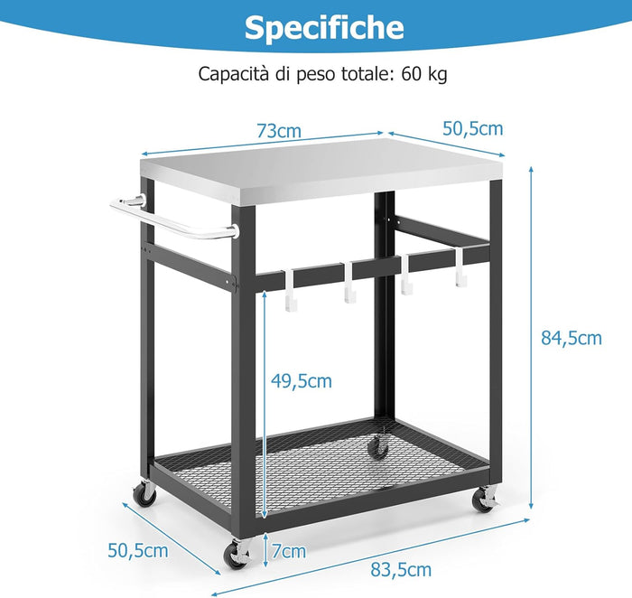 Carrello Grill da Esterno a 2/3 Piani, Supporto per Forno per con Piano e Maniglia in Acciaio Inossidabile, Carrello per Barbecue con Ganci e Ruote, Multiuso(2 Livelli)