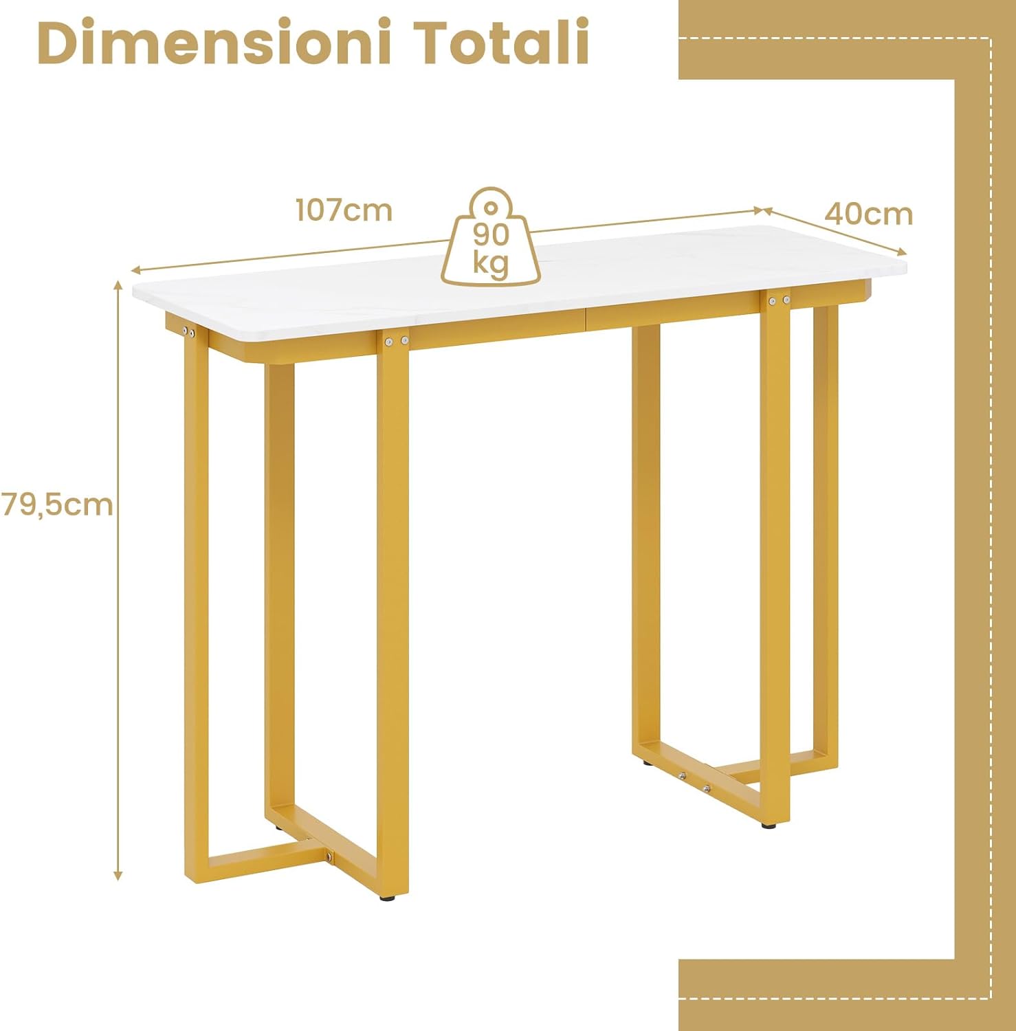 Tavolo Consolle, Tavolo d'Ingresso Moderno in Marmo Finto con Telaio Geometrico in Metallo, Tavolo Stretto per Soggiorno, Corridoio e Ingresso, 107 x 40 x 79,5 cm (Oro e bianco)