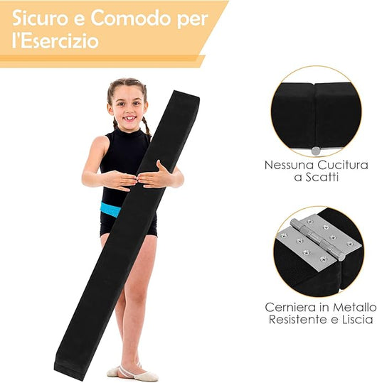 Trave da Ginnastica 210 cm Pieghevole per Bambini, Trave di Equilibrio Portatile con Maniglie, Base Solida di Legno e Parte Inferiore Antiscivolo