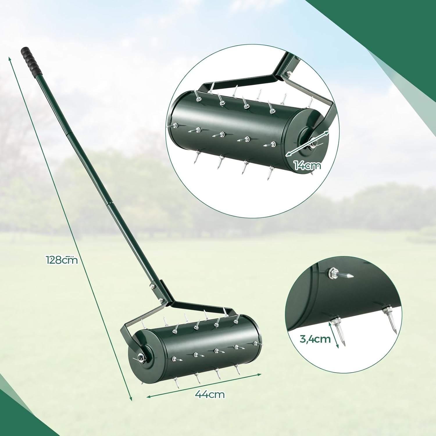 Arieggiatore Giardino 44/53 CM, Arieggiatore da Prato con Manico Rimovibile e Punte per Allentamento del Terreno, Arieggiatore Manuale per Prato, Giardino e Cortile (44 x 128 cm Verde)