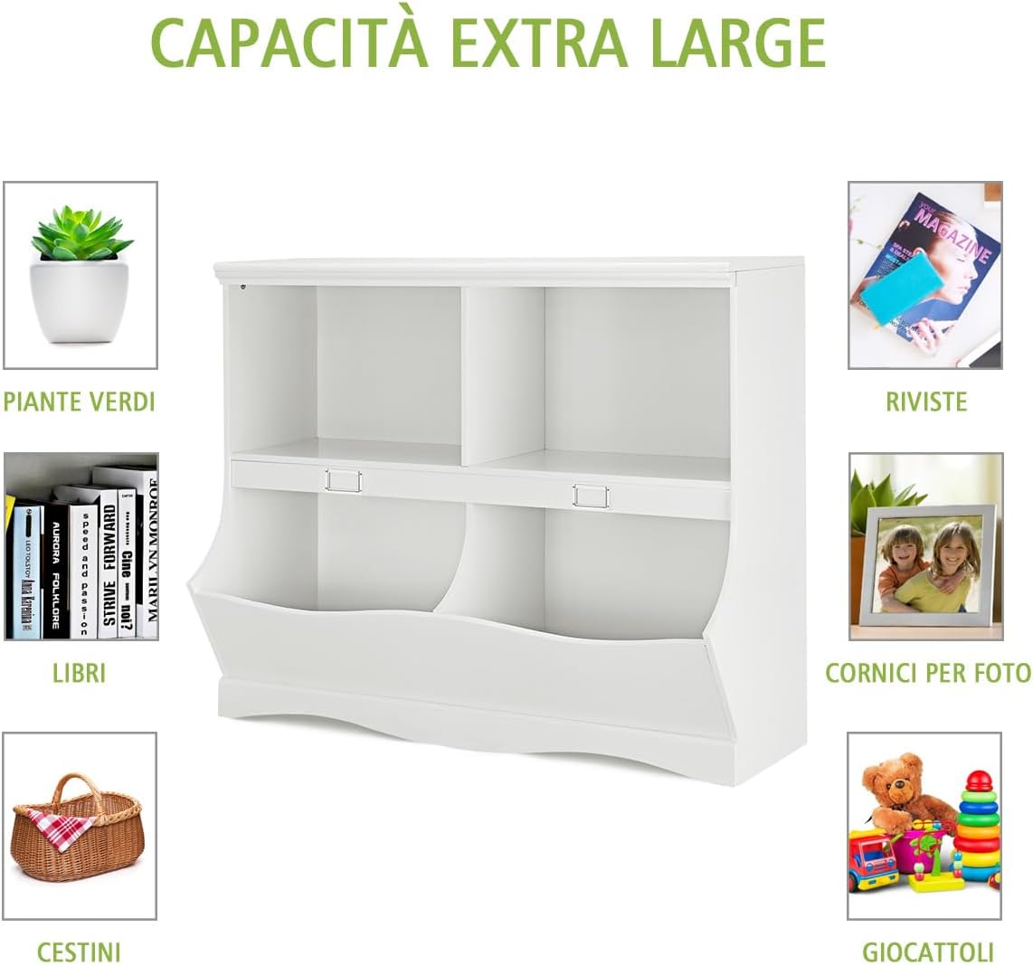 Mobile Porta Giocattoli e Libri in Legno, Libreria per Bambini in Legno con 4 Scomparti, Libreria Multiuso per Bambini da Cameretta, 105 x 39,5 x 83,5 cm, Bianco