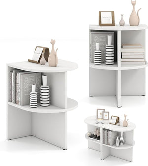 Tavolino da Salotto Semicircolare, Tavolino a 2 Ripiani a Forma di Mezzaluna con Ripiani Aperti, Tavolo per Spazi Ridotti da Soggiorno e Camera da Letto, Bianco (2)