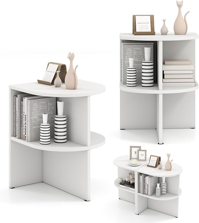 Tavolino da Salotto Semicircolare, Tavolino a 2 Ripiani a Forma di Mezzaluna con Ripiani Aperti, Tavolo per Spazi Ridotti da Soggiorno e Camera da Letto, Bianco (1)