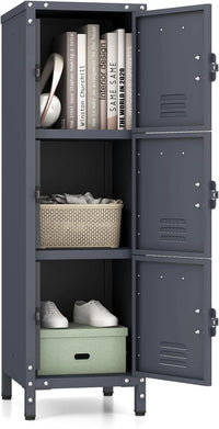 Armadio in Metallo con 3 Porte Chiudibili, Piedini Regolabili, Dispositivo Anti-Ribaltamento, Armadietto Verticale a 3 Ripiani per Casa, Ufficio, Scuola e Garage, 30 x 35 x 100 cm