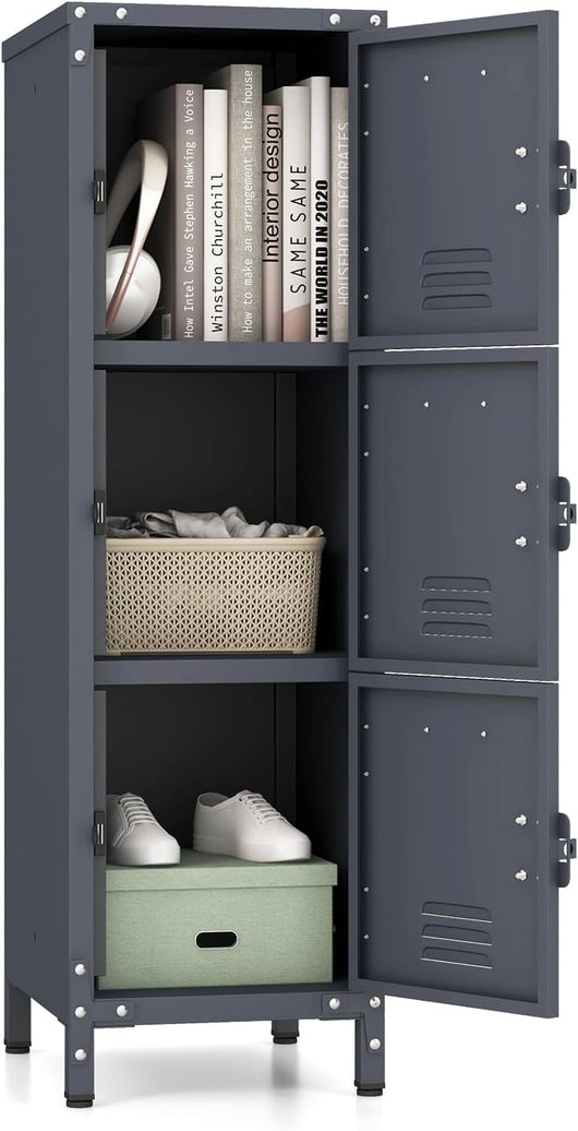 Armadio in Metallo con 3 Porte Chiudibili, Piedini Regolabili, Dispositivo Anti-Ribaltamento, Armadietto Verticale a 3 Ripiani per Casa, Ufficio, Scuola e Garage, 30 x 35 x 100 cm