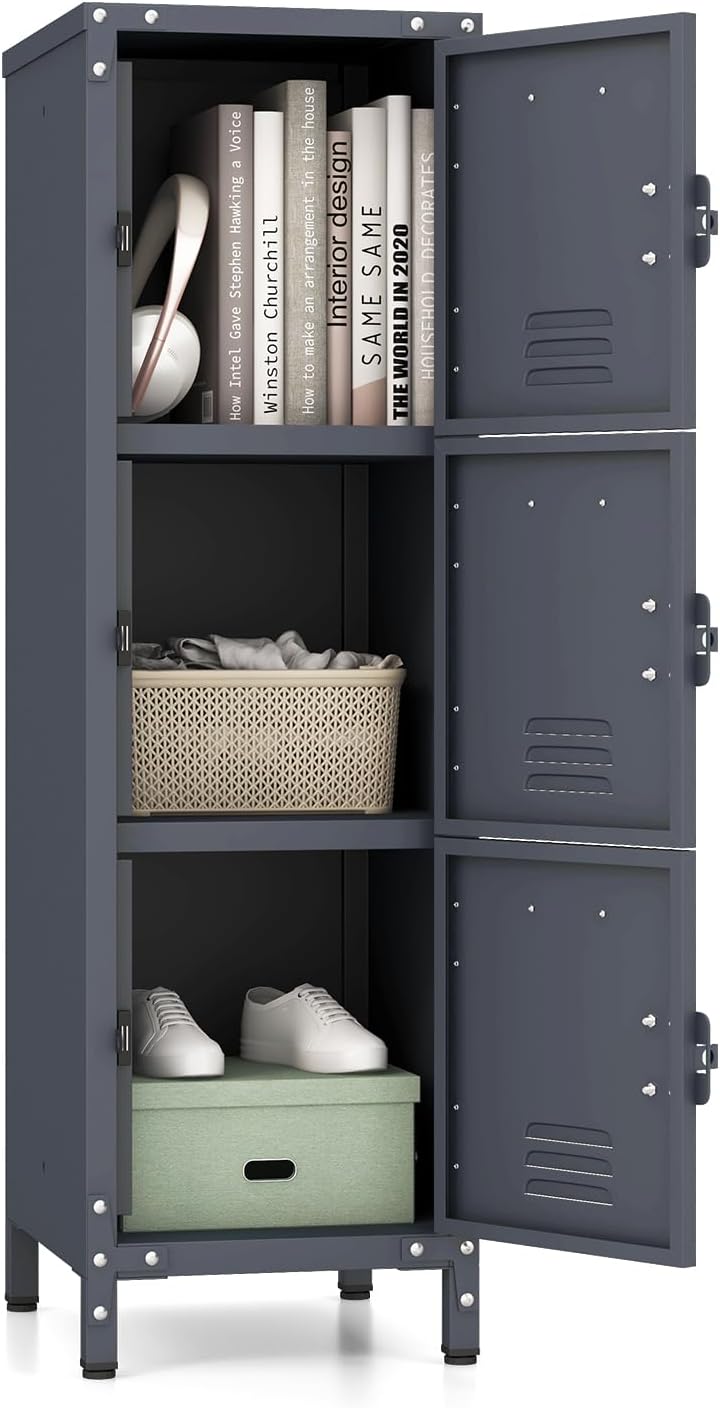 Armadio in Metallo con 3 Porte Chiudibili, Piedini Regolabili, Dispositivo Anti-Ribaltamento, Armadietto Verticale a 3 Ripiani per Casa, Ufficio, Scuola e Garage, 30 x 35 x 100 cm