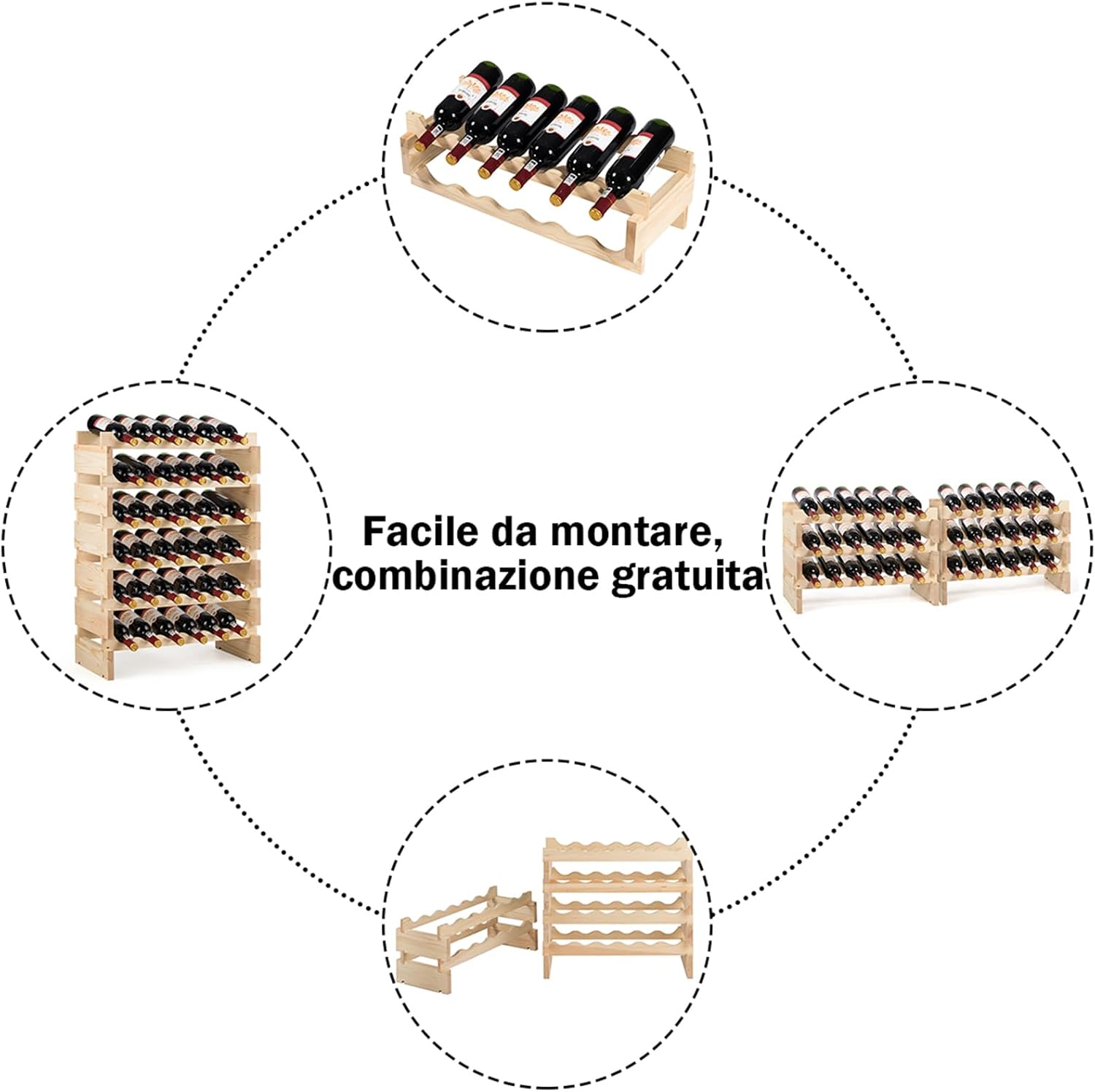 Scaffale per Bottiglie di Vino, Catinetta Portabottiglie a 6 Ripiani, per 36 Bottiglie, Legno di Pino Silvestre