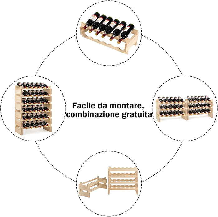 Scaffale per Bottiglie di Vino, Catinetta Portabottiglie a 6 Ripiani, per 36 Bottiglie, Legno di Pino Silvestre