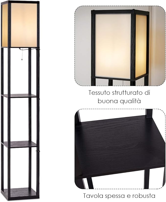 Lampada da Terra da Salotto Design e Moderno, Lampada da Terra con Lampada e 3 Mensole Paralume, Ideale per Soggiorno, Camera da Letto e Studio, Nero