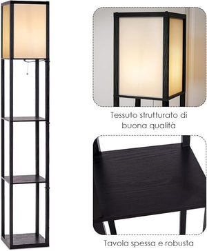 Lampada da Terra da Salotto Design e Moderno, Lampada da Terra con Lampada e 3 Mensole Paralume, Ideale per Soggiorno, Camera da Letto e Studio, Nero