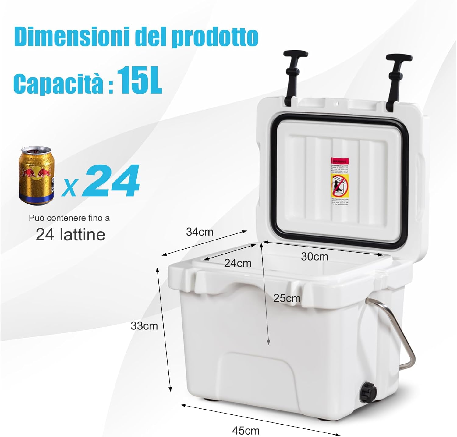 Contenitore per Ghiaccio da 15 L, Contenitore Termico con Maniglia 2 Porta Bicchieri, Contenitore Termico del Ghiaccio Portatile per Campeggio(Bianco）