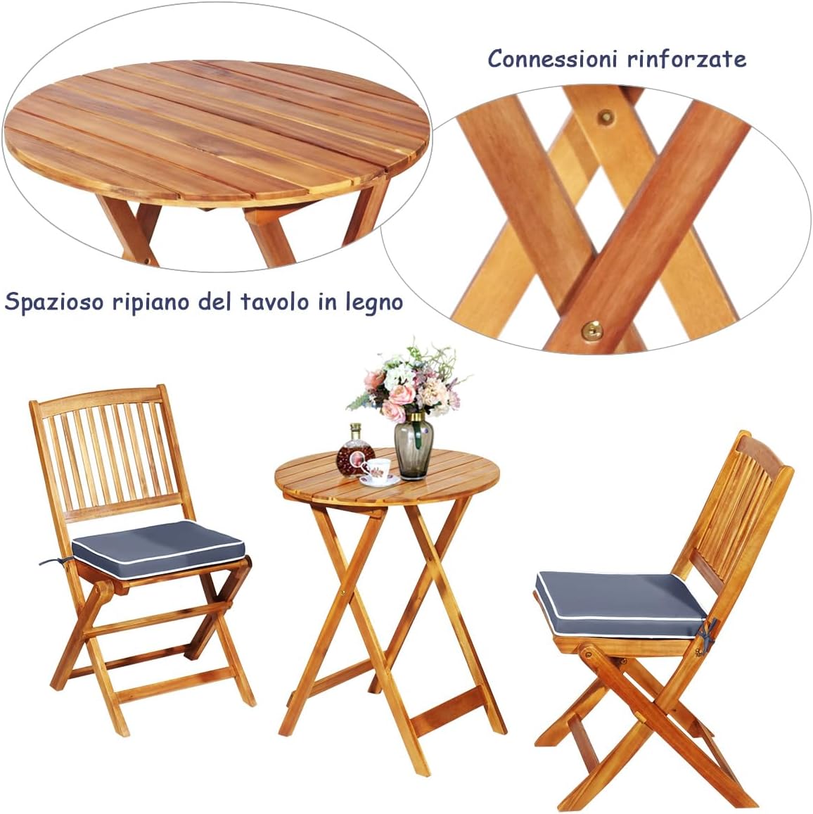 Set Tavolino e Sedie da Girdino Pieghevole, Set da Bistro 3 Pezzi in Legno di Acacia, con Cuscino, Set di Mobili da Esterno, Tavolino Portato 80kg, Sedie Portate 160kg (Cuscino Grigio)