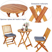 Set Tavolino e Sedie da Girdino Pieghevole, Set da Bistro 3 Pezzi in Legno di Acacia, con Cuscino, Set di Mobili da Esterno, Tavolino Portato 80kg, Sedie Portate 160kg (Cuscino Grigio)