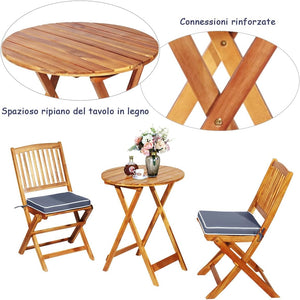 Set Tavolino e Sedie da Girdino Pieghevole, Set da Bistro 3 Pezzi in Legno di Acacia, con Cuscino, Set di Mobili da Esterno, Tavolino Portato 80kg, Sedie Portate 160kg (Cuscino Grigio)