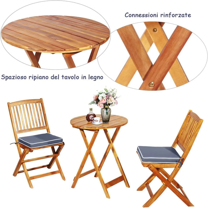 Set Tavolino e Sedie da Girdino Pieghevole, Set da Bistro 3 Pezzi in Legno di Acacia, con Cuscino, Set di Mobili da Esterno, Tavolino Portato 80kg, Sedie Portate 160kg (Cuscino Grigio)