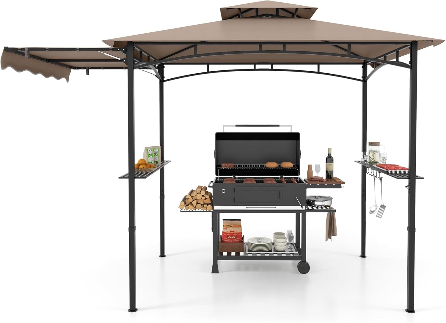 Gazebo per Barbecue, Pergola per BBQ con Tendalino Laterale, Tetto a 2 Livelli, 2 Ripiani Laterali, Ganci Appesi, Apribottiglie, per Giardino e Cortile, 318 x 153 x 250 cm (Marrone)