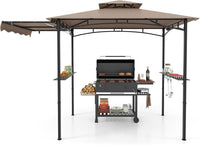 Gazebo per Barbecue, Pergola per BBQ con Tendalino Laterale, Tetto a 2 Livelli, 2 Ripiani Laterali, Ganci Appesi, Apribottiglie, per Giardino e Cortile, 318 x 153 x 250 cm (Marrone)