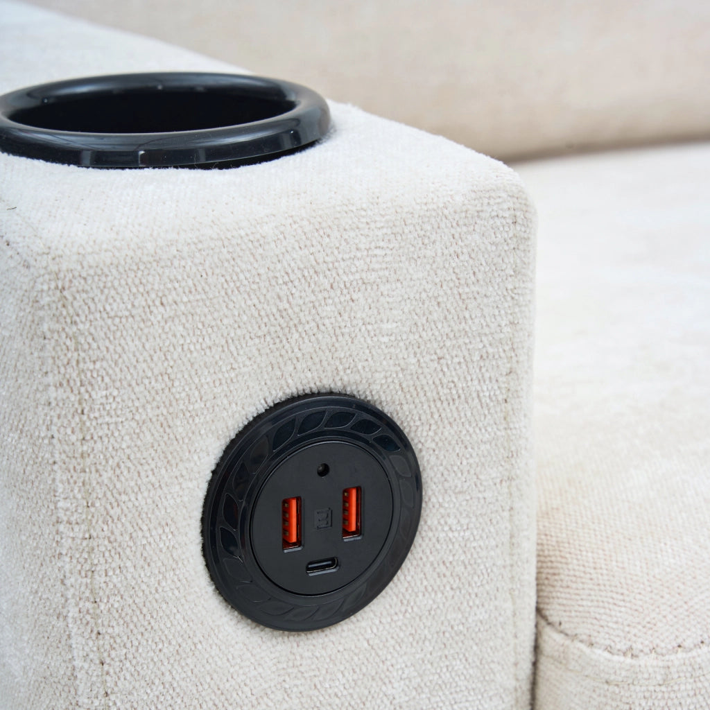 Divano Angolare 3 Posti con USB, Porta Type-C, Pouf Modulare e Portabicchieri, in Lino, Beige